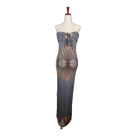 Mara Hoffman Silk Maxi Dress Strapless Sea Shell Tan & Gray Double Slit #1296 - Picture 5 of 9